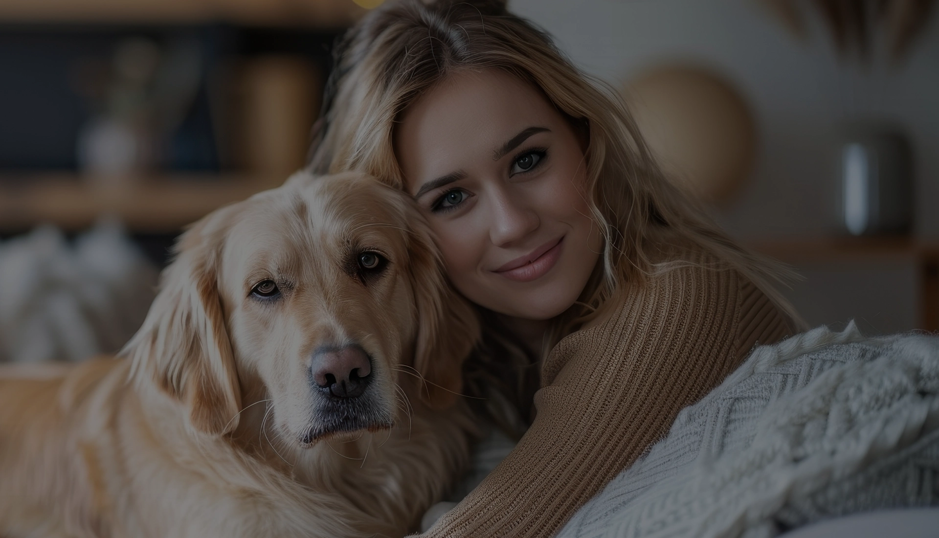 happy woman with her dog at home